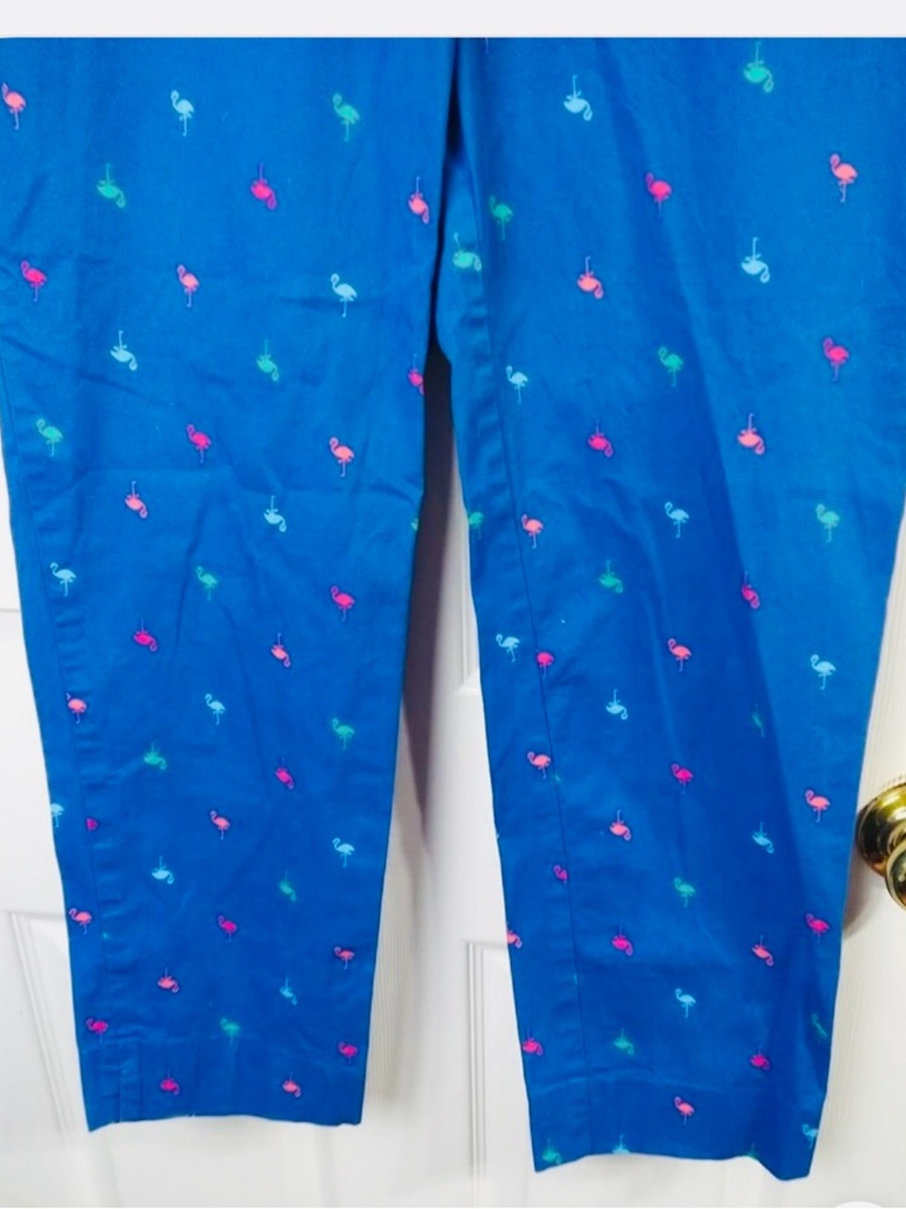 Talbots Blue Novelty Flamingo pants with multi color Embroidery, size 8